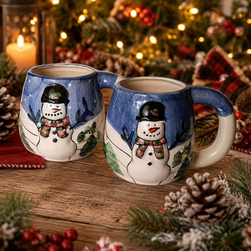 Hand Painted Snowman Christmas Mugs 16 oz Set of 2 Ceramic Holiday Excellent